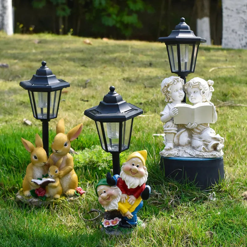 Hexagonal solar garden lamp with American country design, available as bird flowerpot or animal figurine.