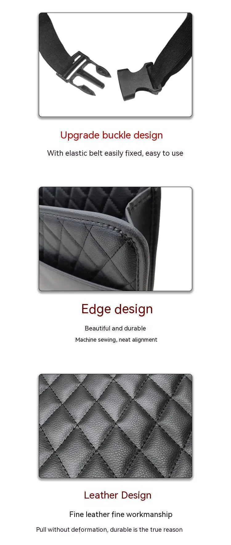 Black leather hanging storage bag for car interior, showing size and hanging loop.