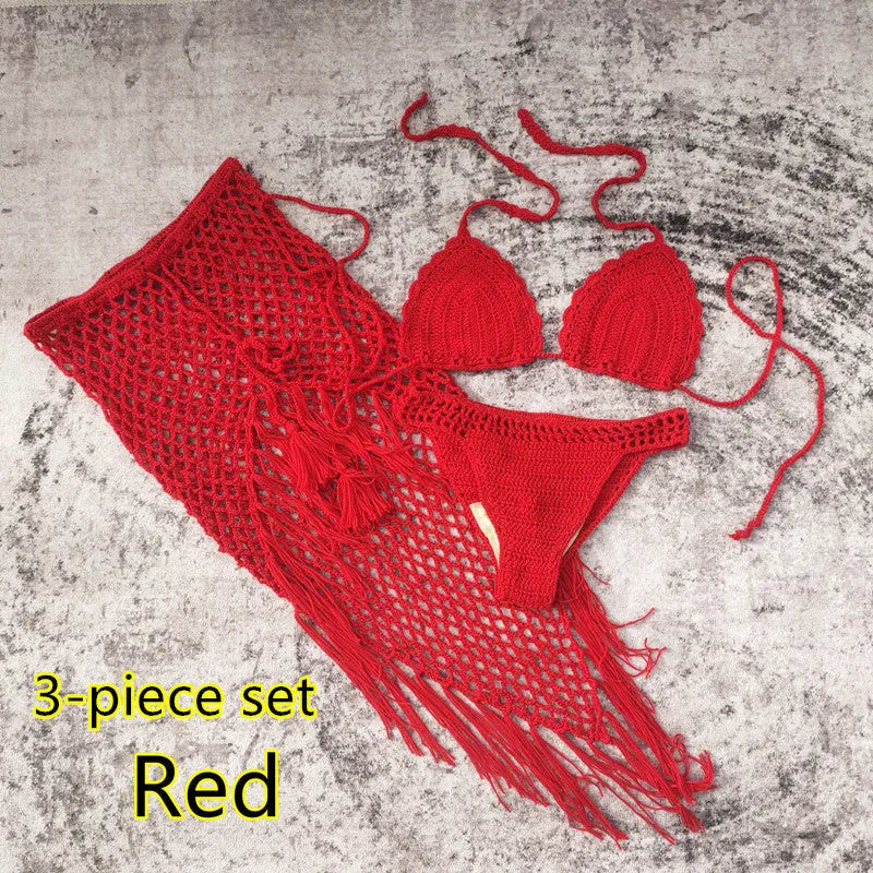 Women's 3-piece handmade crochet bikini set with skirt cover-up in solid colour acrylic fibre