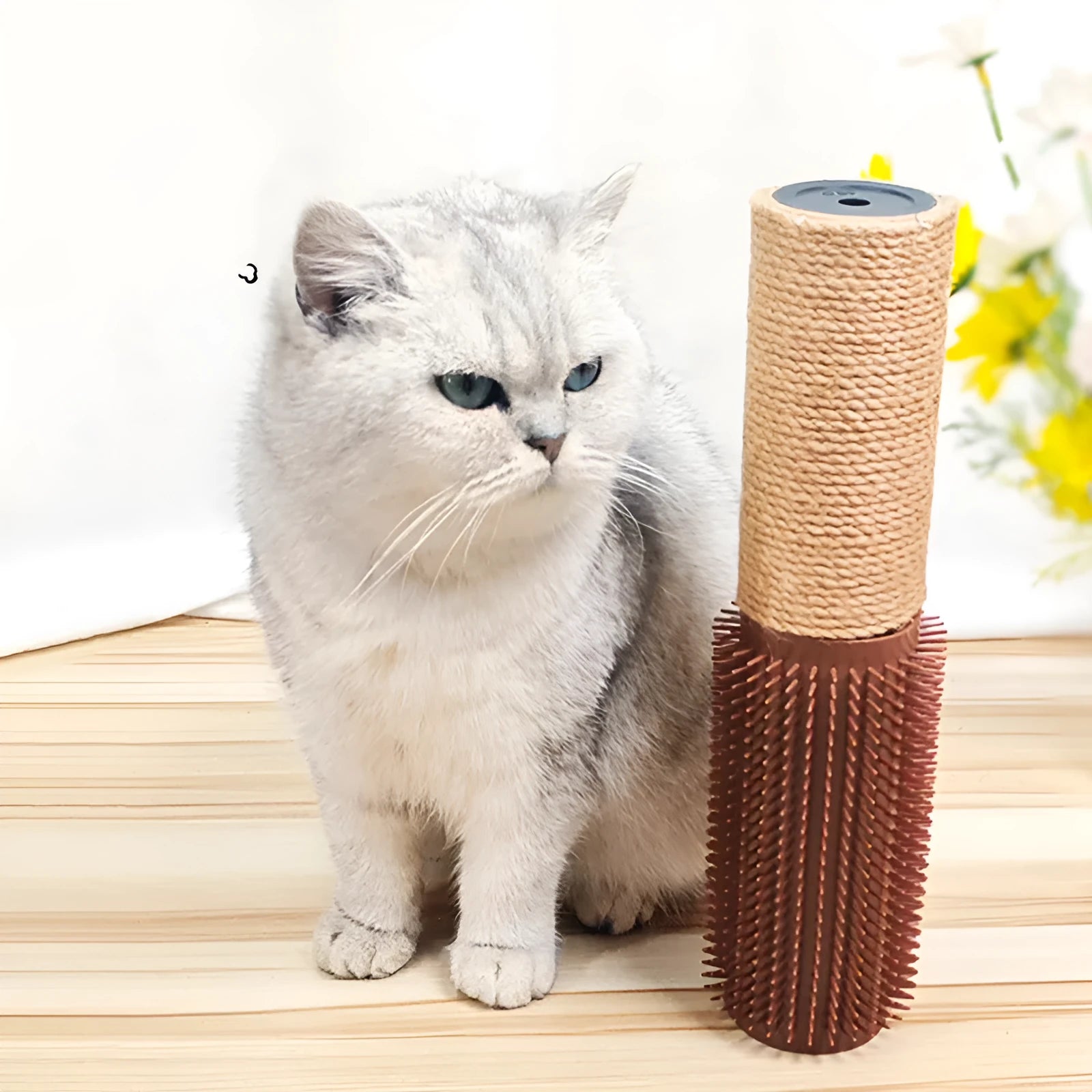 Brown sisal scratching post for cats with natural jute rope measuring 30cm tall