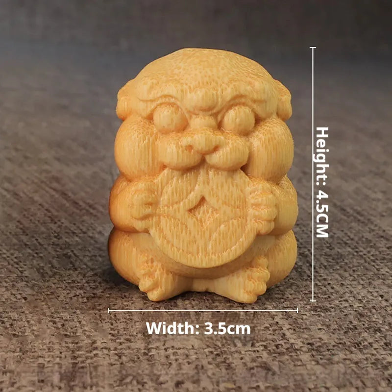 Solid bamboo carving ornament with Take Money motif, natural wood finish, 4.5cm tall.