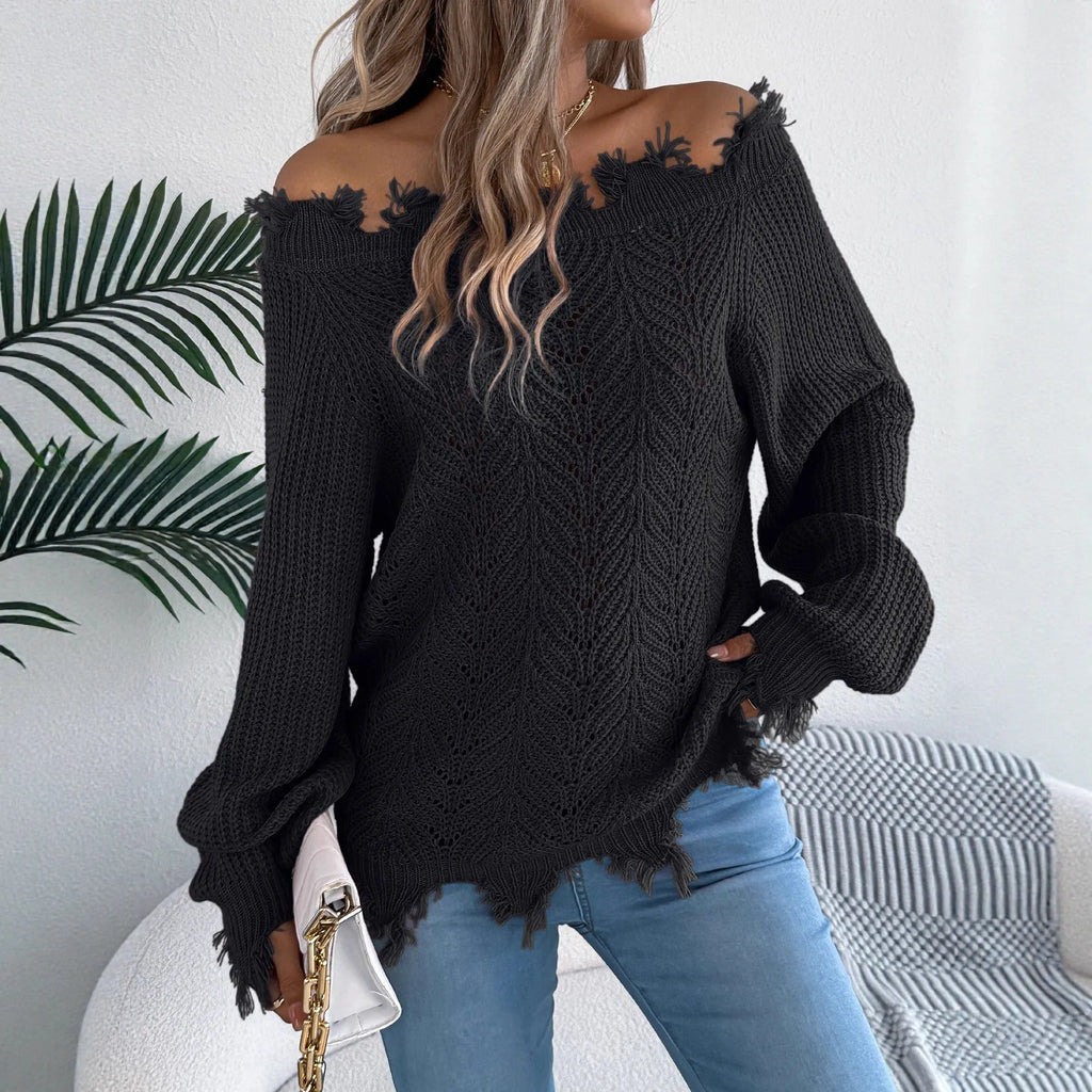 Women's white hollow-out cut-off-shoulder pullover sweater with regular sleeves on hanger
