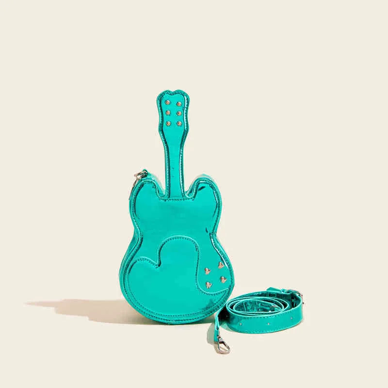 Guitar creative arts crossbody shoulder bag in black, showing front view and adjustable strap.