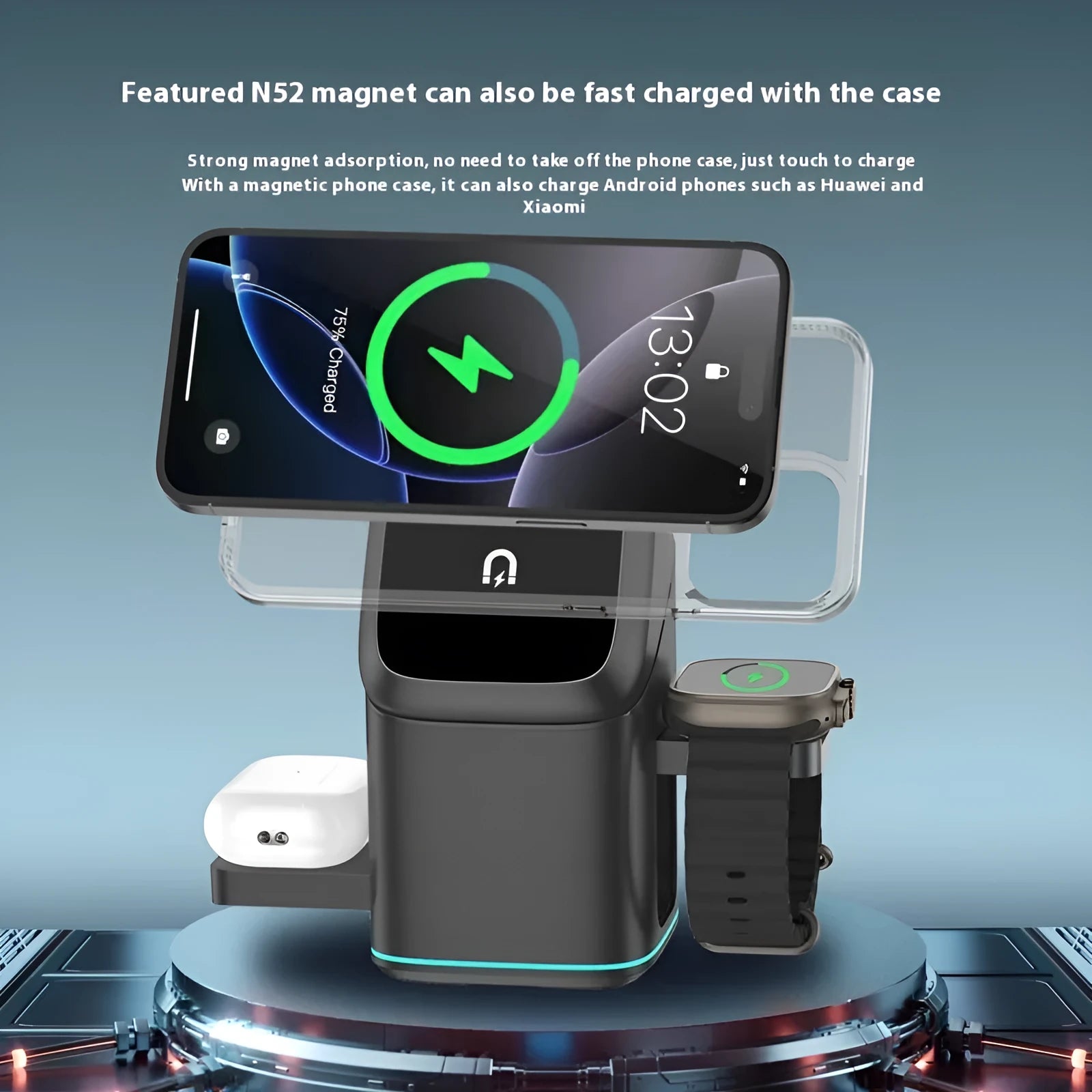 Black and silver magnetic wireless charging stand with 180 degree rotation and Type-C cable for mobile phones