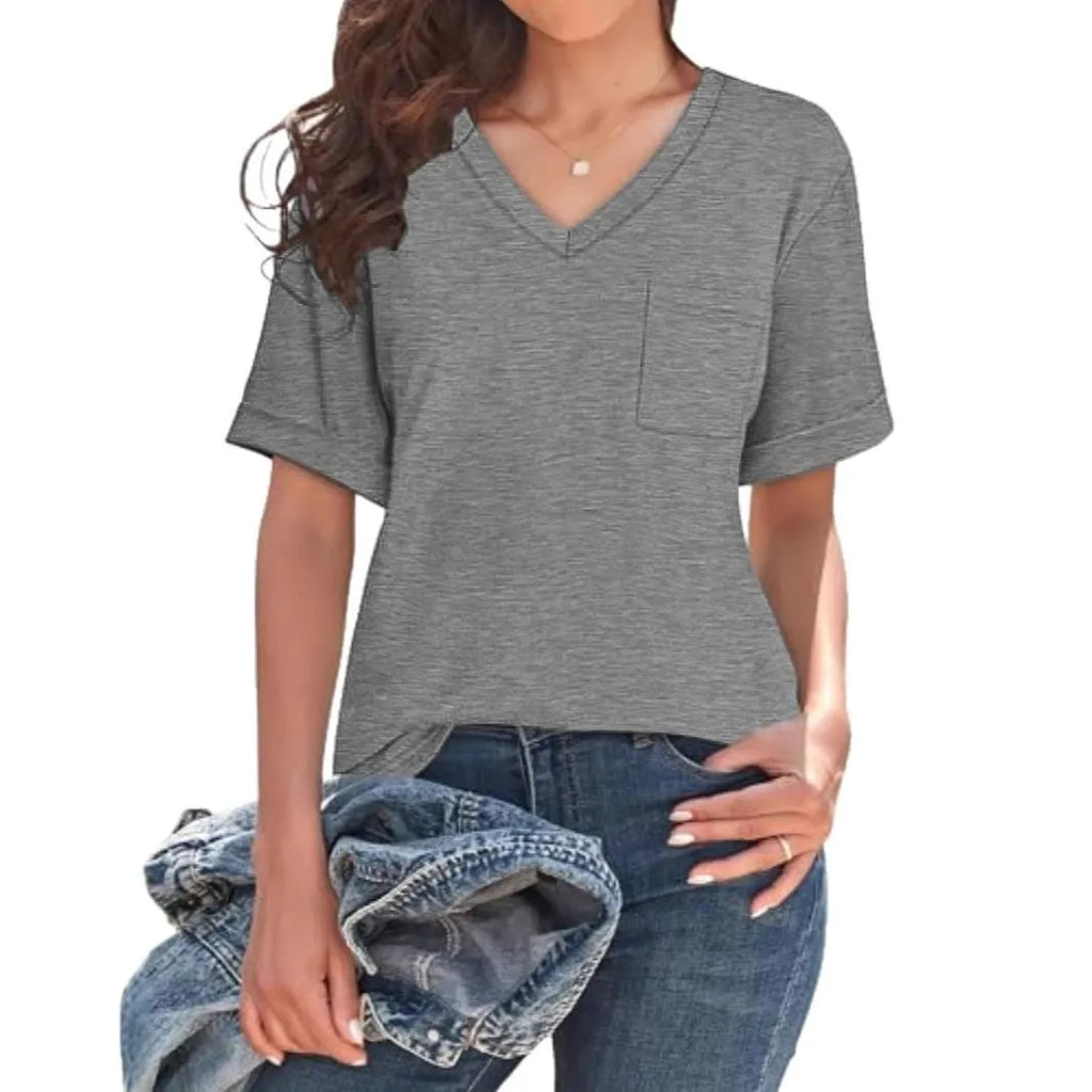 Grey men's loose V-neck t-shirt with a chest pocket on a solid background.