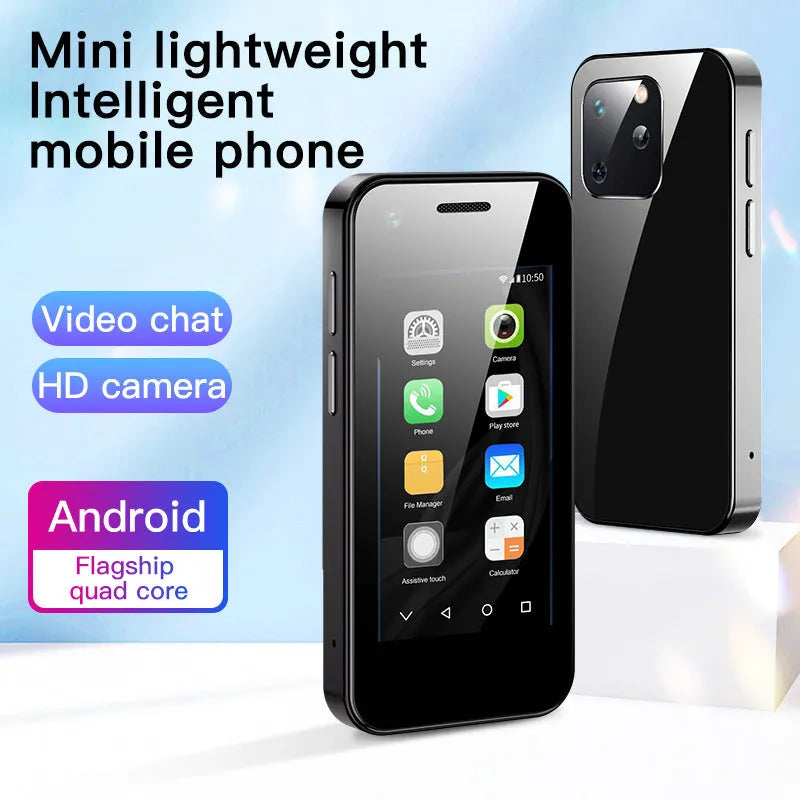 Android mini mobile phone with small 2.5 inch screen in Phantom Night Black colour.