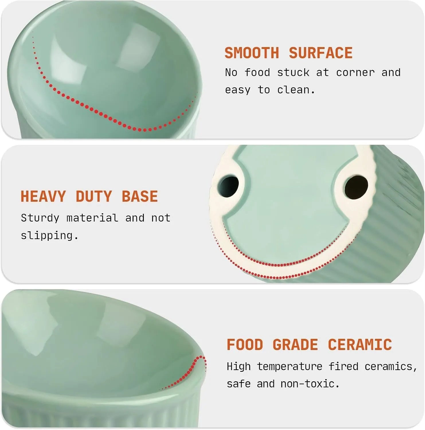 Dark green ceramic elevated cat bowl on a table, showing its raised height and round, tilted shape.