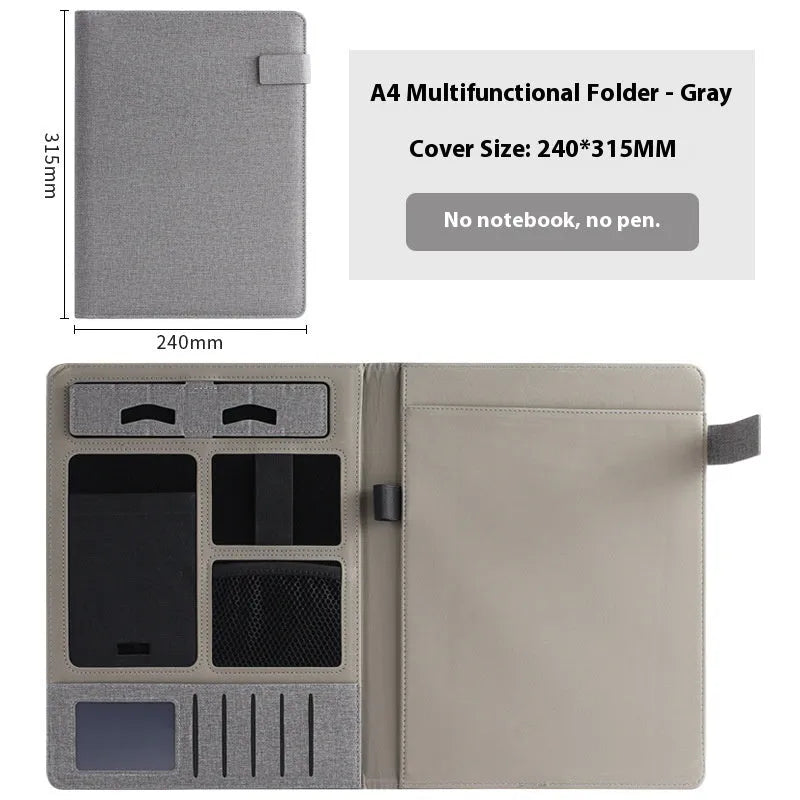 Leather A4 business folder with optional pen and notepad accessories in black colour
