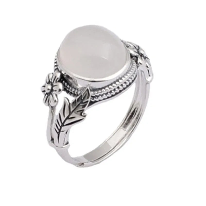 Copper vintage ring with imitation white chalcedony stone and adjustable opening