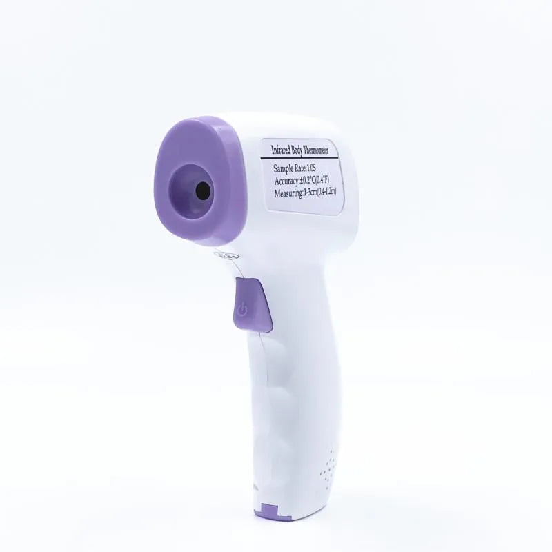 White digital non-contact thermometer for clinical temperature measurement.