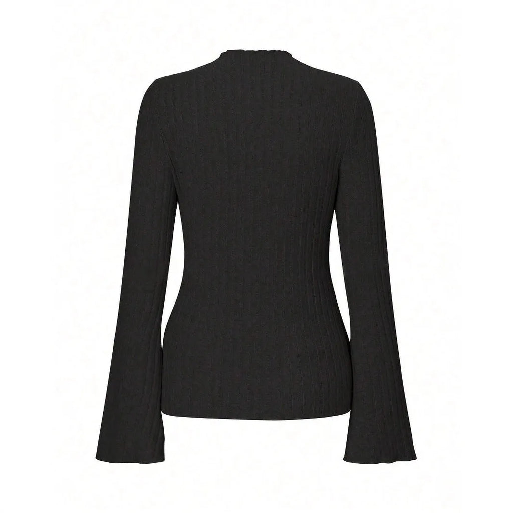 Black slim fit long sleeve polyester top with round neck and lantern sleeves on a hanger