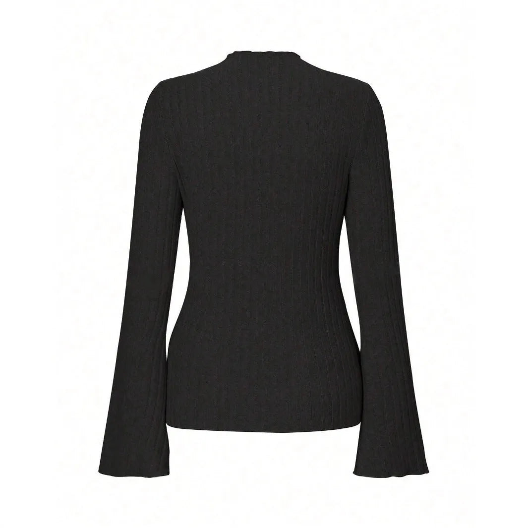 Black slim fit long sleeve polyester top with round neck and lantern sleeves on a hanger