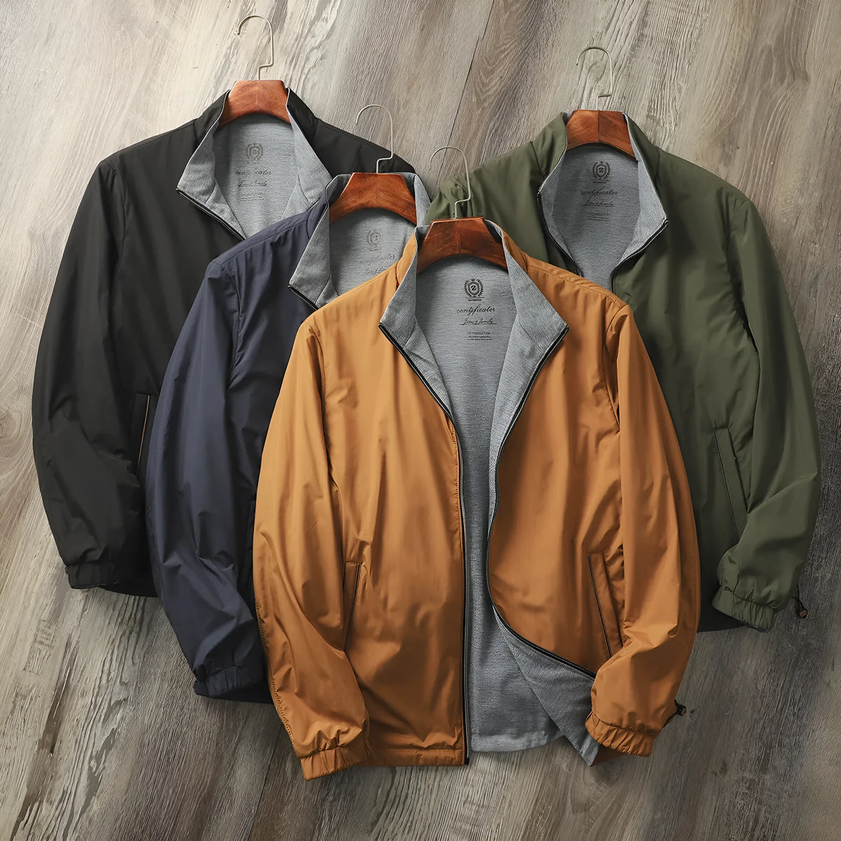 Men's stand collar business casual jacket in polyester with cotton lining, shown in Army Green colour