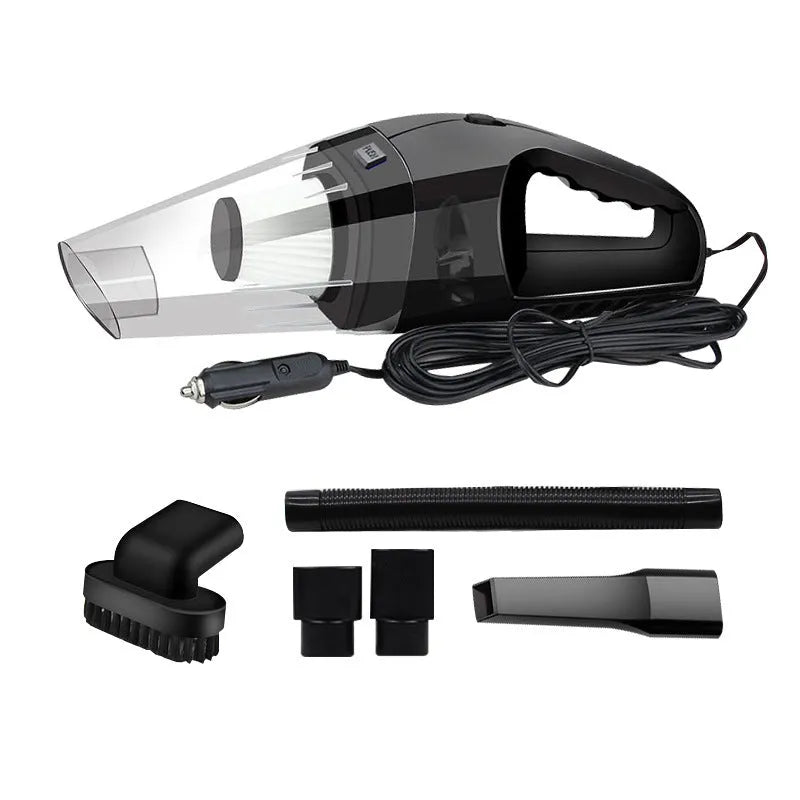 Orange, black, and blue coloured 12V portable handheld car vacuum cleaner with nozzles and power cord.