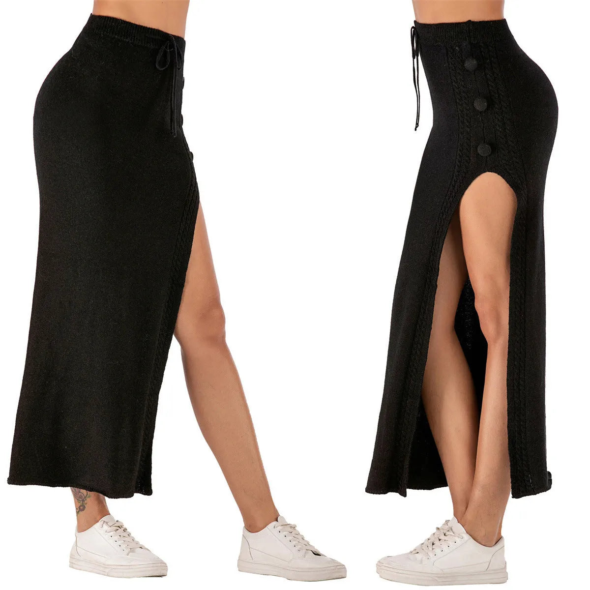 Women's slim-fit acrylic mid-length skirt with a side split, shown in black, pink, and grey.