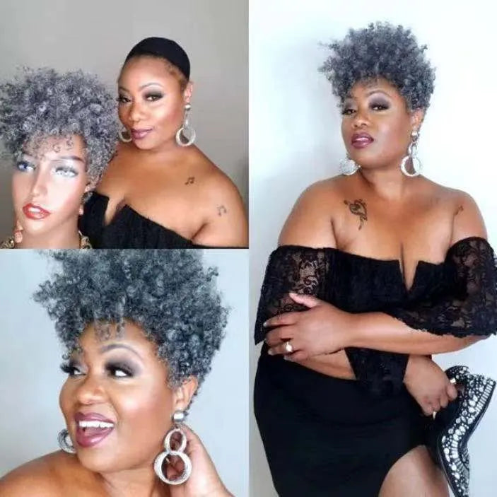Women's short synthetic wig with simple rolls hairstyle in Kanekalon fibre, shown in H002 Black colour.