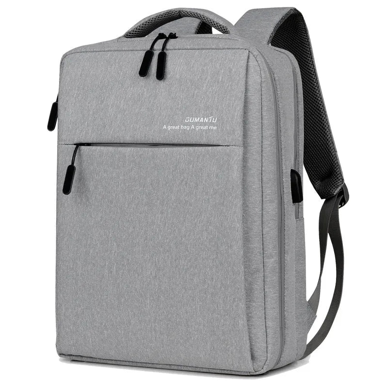 Waterproof Oxford cloth laptop backpack with USB charging port, shown in grey colour