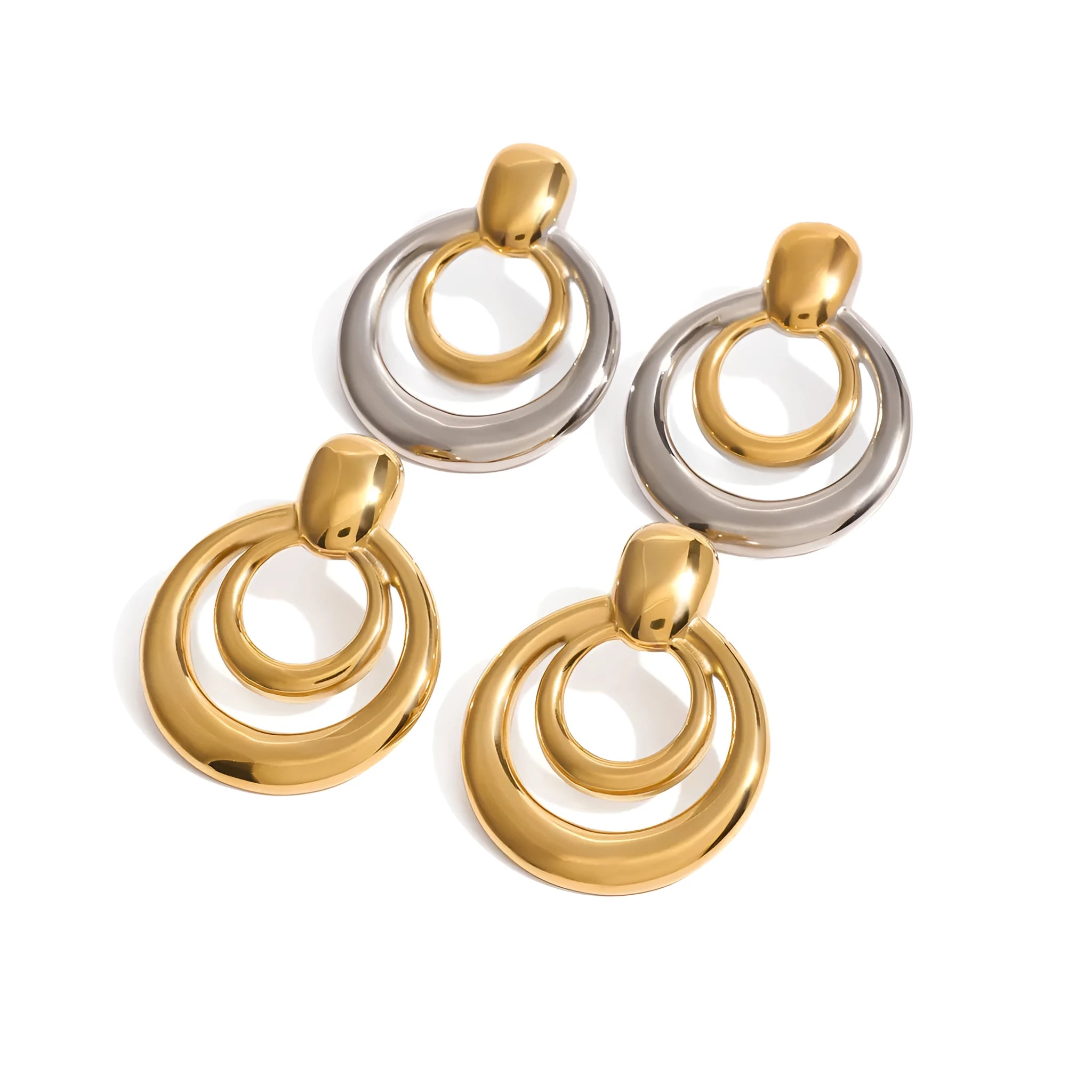 Golden round stud earrings with double-layer hollow construction and contemporary geometry design