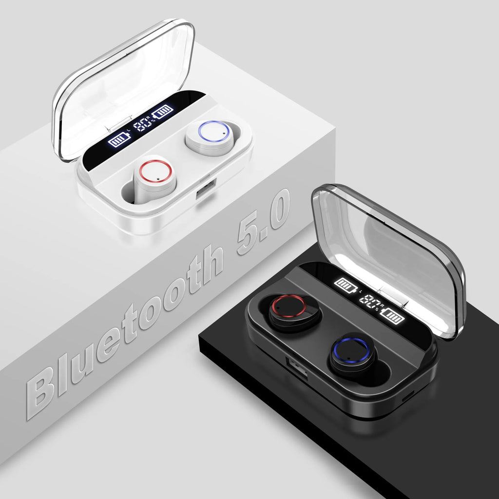 Black X11 wireless Bluetooth earbuds with charging case and six silicone ear sleeves on a white background.