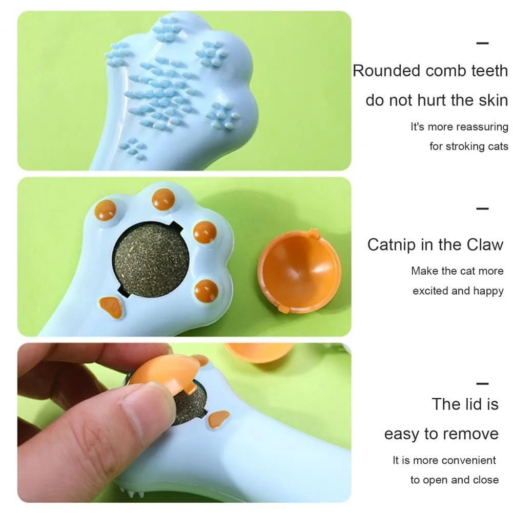Cartoon design cat massage comb and dental toy with rounded teeth and catnip compartment
