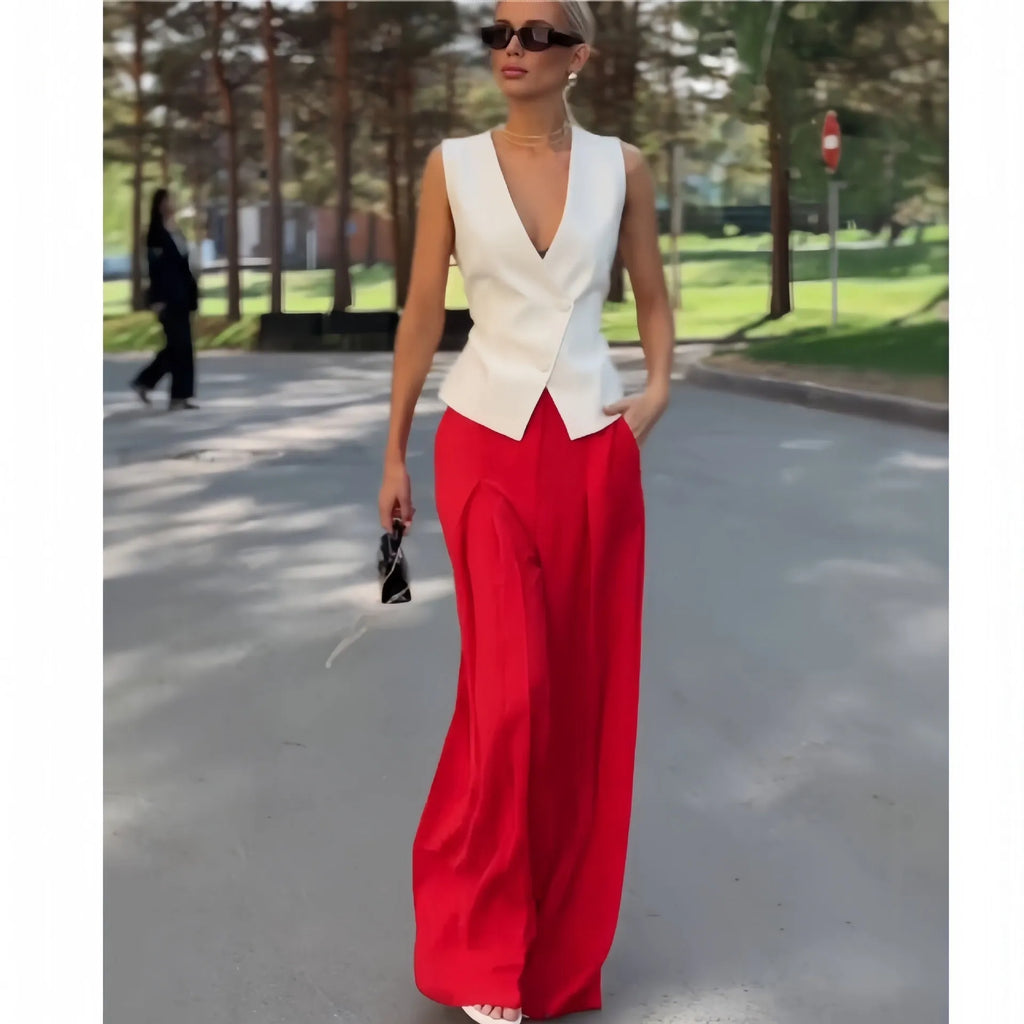 Women's beige deep V-neck sleeveless top and wide leg trousers two-piece set