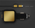 Black and gold dual USB car charger with retractable cable shown plugged into vehicle power outlet