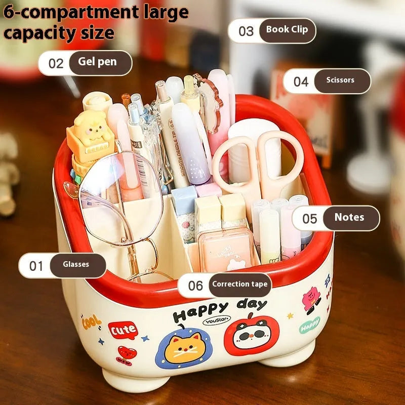 Cartoon-style plastic desktop organiser with grid compartments and labelling stickers for stationery storage