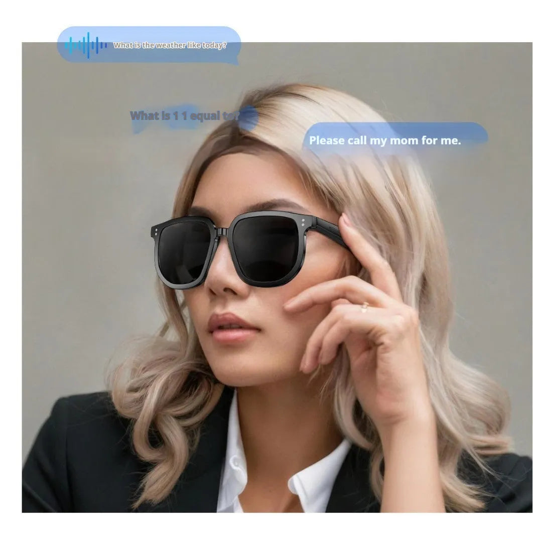 Black AI smart sunglasses with Bluetooth audio, touch controls and UV protection lenses on a PC frame.