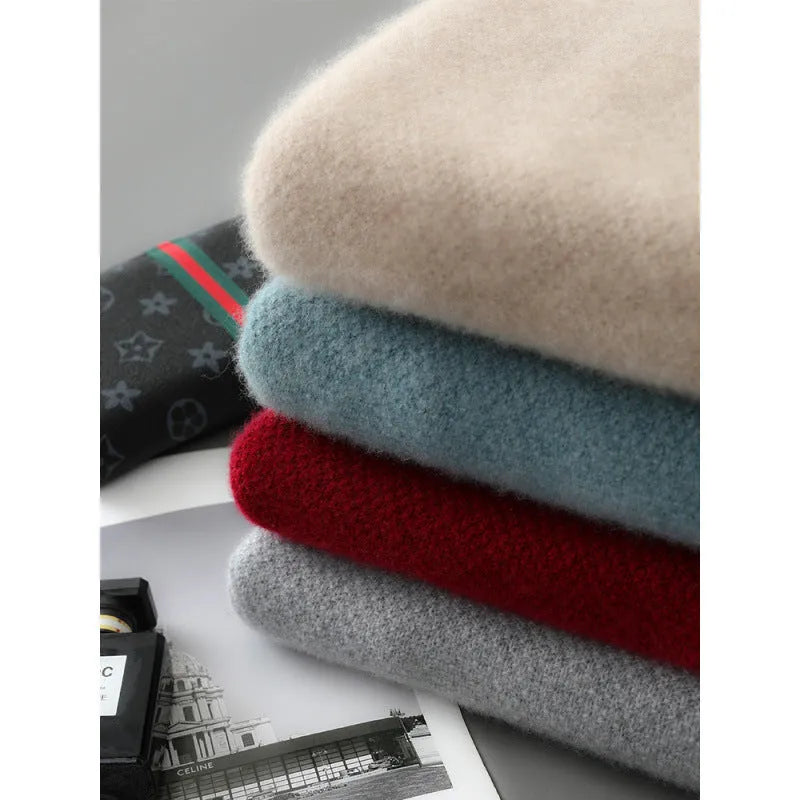Men's slim fit sheep wool half-zip knitted sweater in Raw Velvet Camel, Pea Green, Gray, and Chinese Red colors