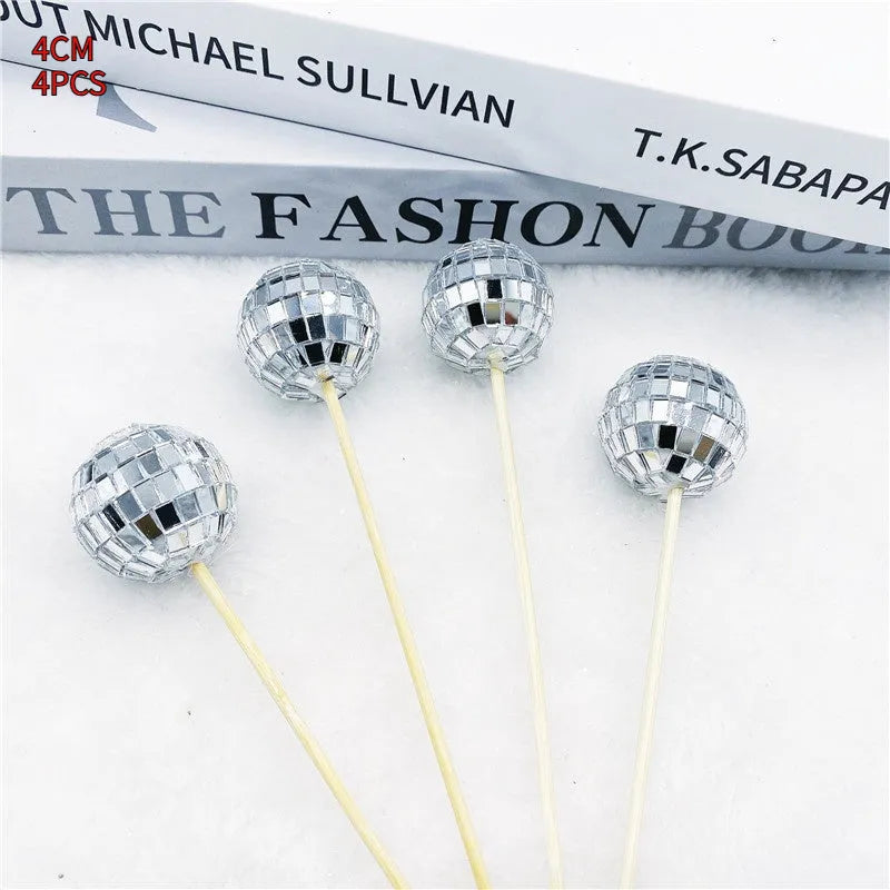 Glass disco ball cake decoration with wooden stick in various sizes for birthday cakes