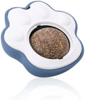 Blue catnip ball with edible vine surface for dental chewing, wall-mounted cat toy