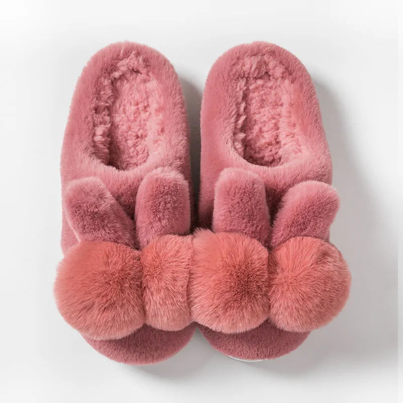 Women's fluffy bunny slippers made from rabbit fur in high-top style with floral pattern
