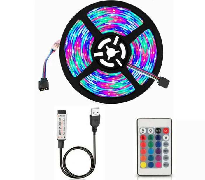 White flexible USB LED light strip showing SMD5050 LEDs, coiled next to its USB plug.