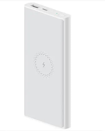 Black and white 10000mAh power bank with USB Type-C port and wireless charging capability