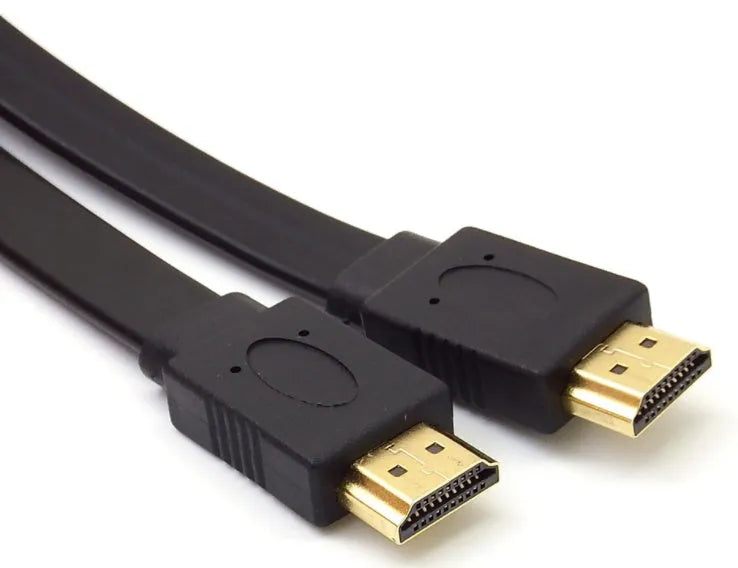 Flat black HDMI cable with male connectors showing length options for HD video connection.
