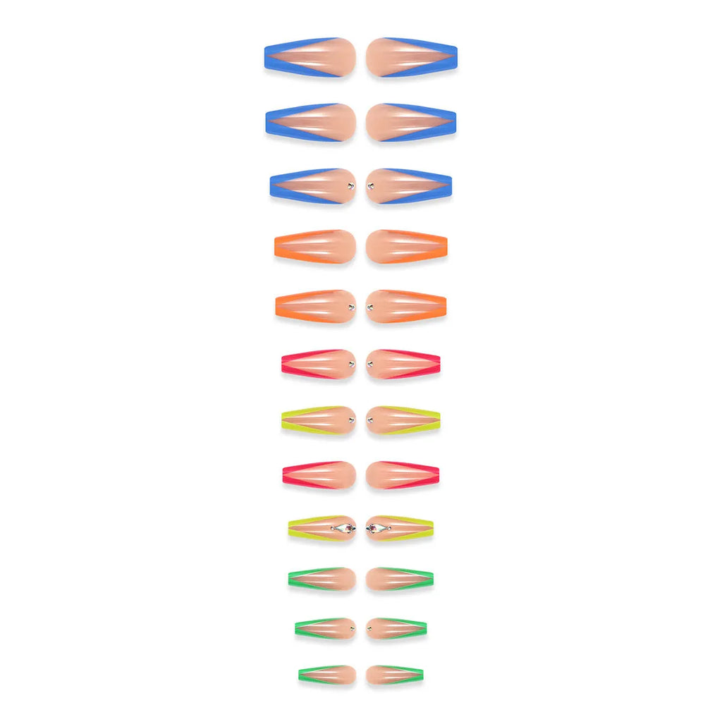 Detachable nail tip set in BKS3037 diamond colour French with cartoon, love, and cross heart patterns, shown with jelly glue and filing strip.