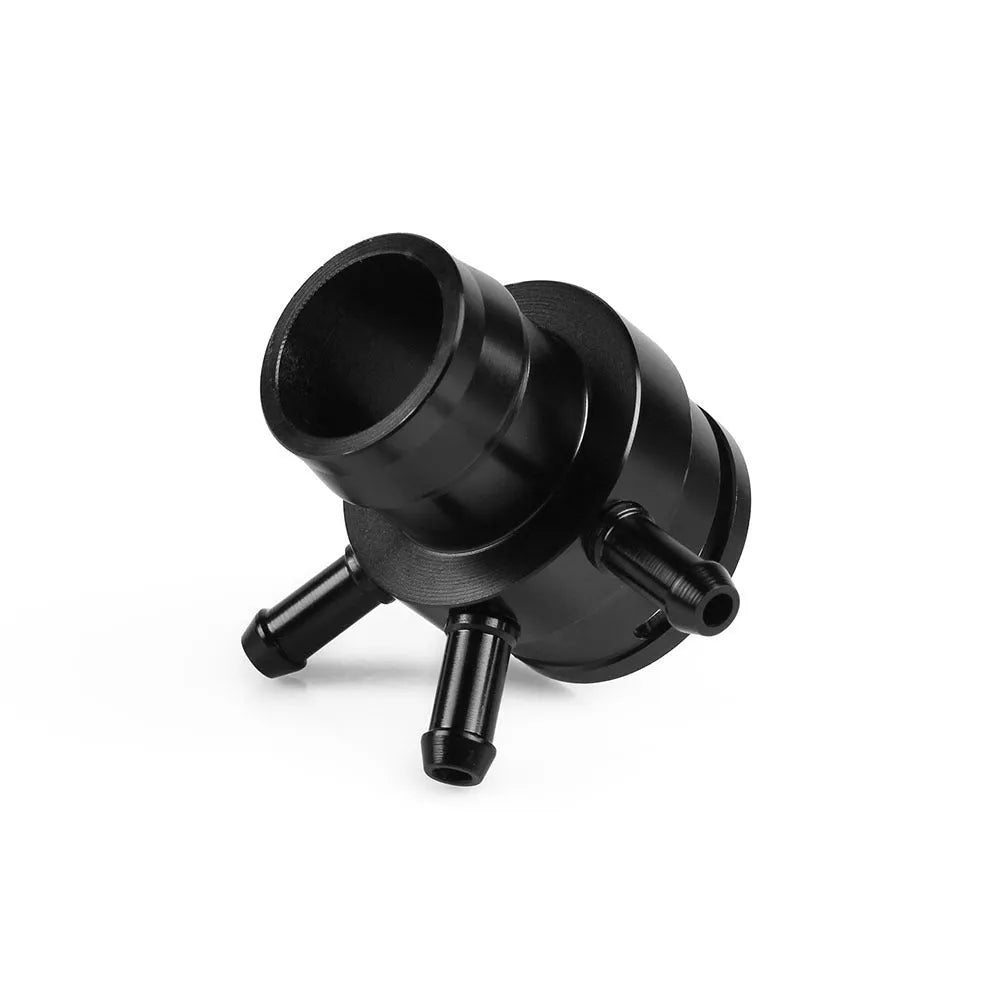 Black aluminium vacuum adapter tee fitting for second generation automotive engines.