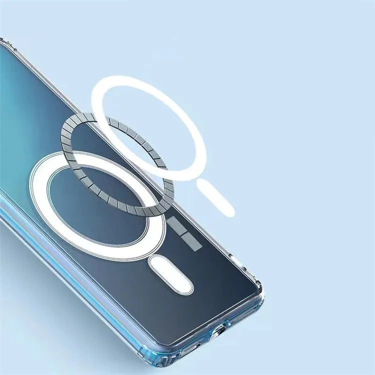 Transparent MagSafe magnetic phone case for Samsung Galaxy S21 S22 S23 series showing wireless charging compatibility