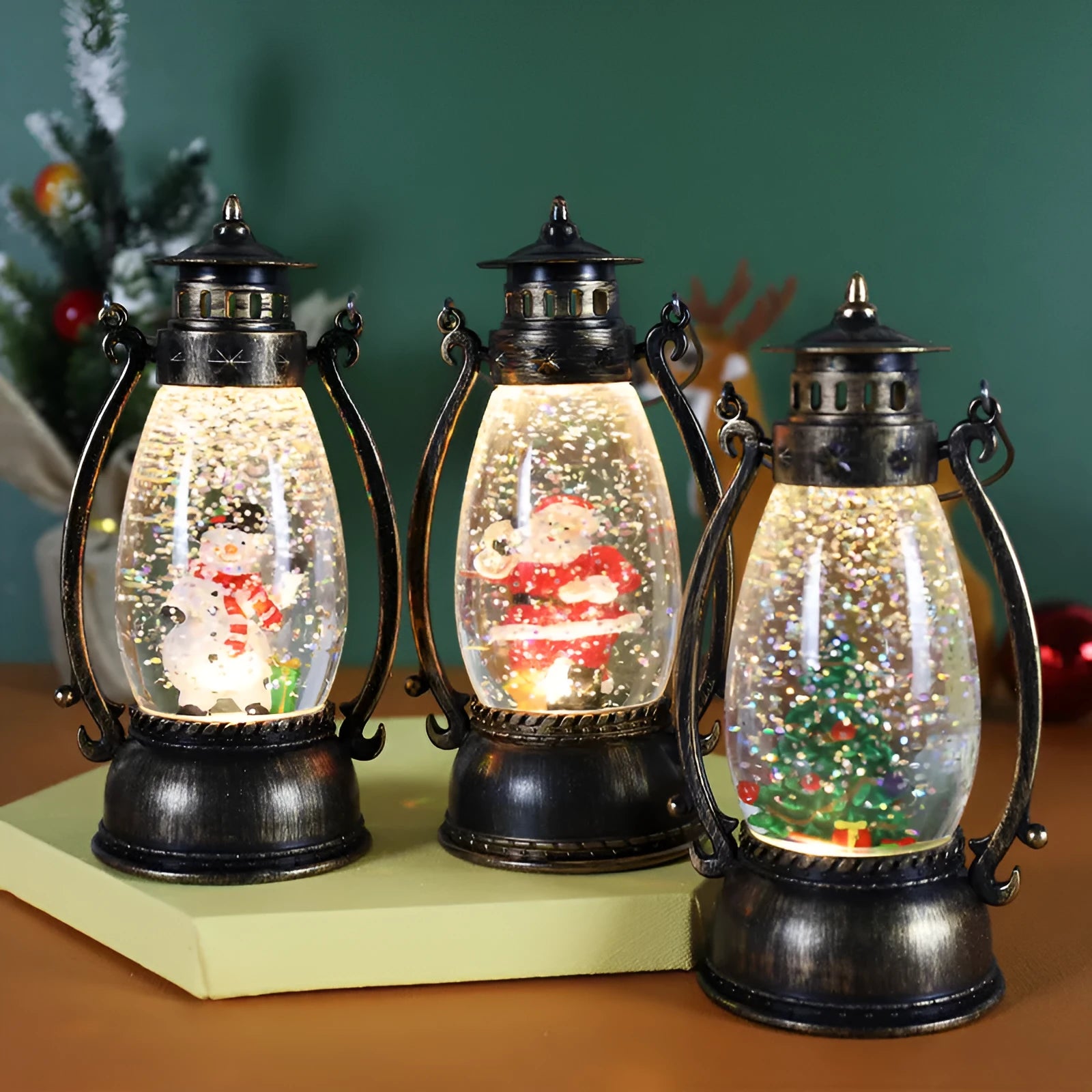 Plastic Crystal ball lamp with light, showing Snowman and Elderly Oil Lamp Christmas decoration designs.
