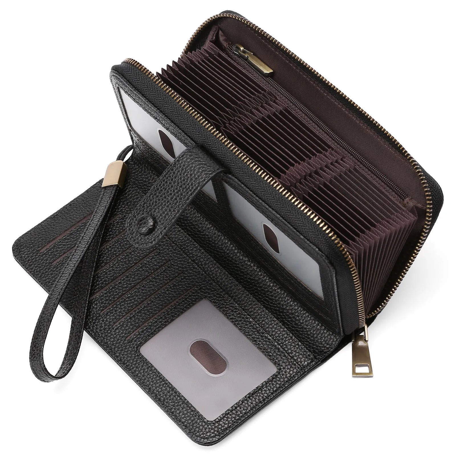Expanding card holder women long wallet passport bag in light brown PU leather with anti-theft feature
