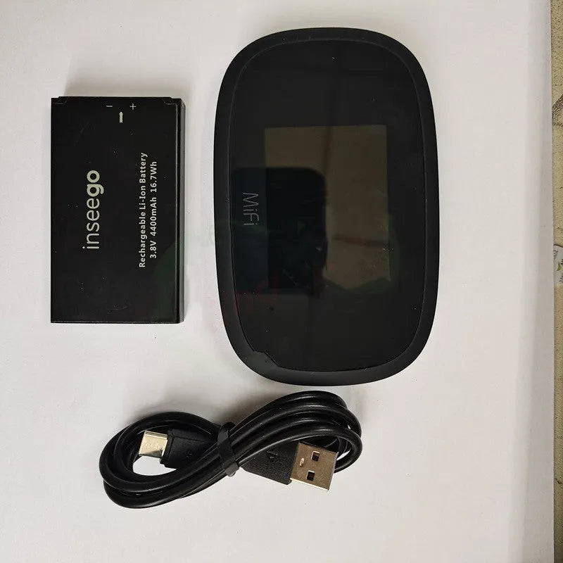 Black 4G wireless router with portable battery and cable included for mobile internet access
