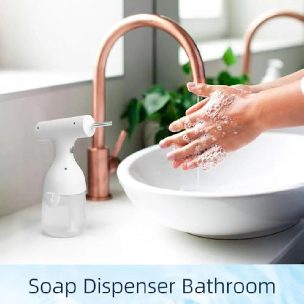 White electric foam soap dispenser with rechargeable battery and two nozzles for pet bathing and household cleaning
