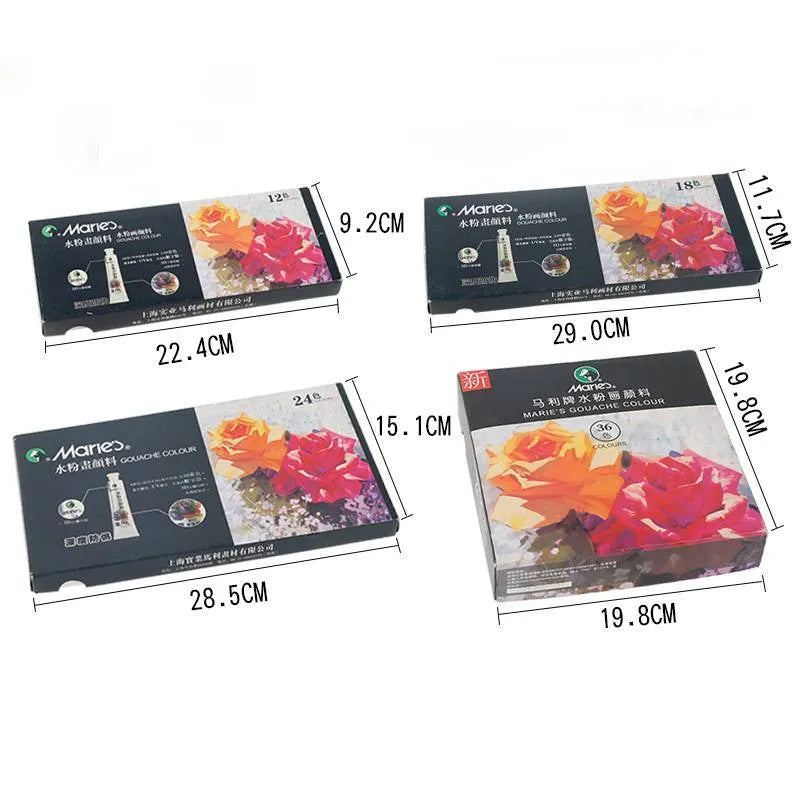 Gouache paint sets showing 12, 18 and 24 colour options with individual paint tubes