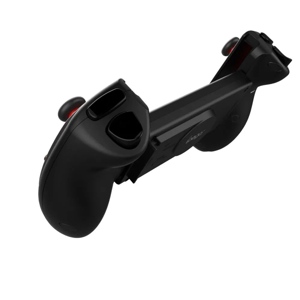 Red telescopic gamepad controller extended to hold mobile device with USB cable