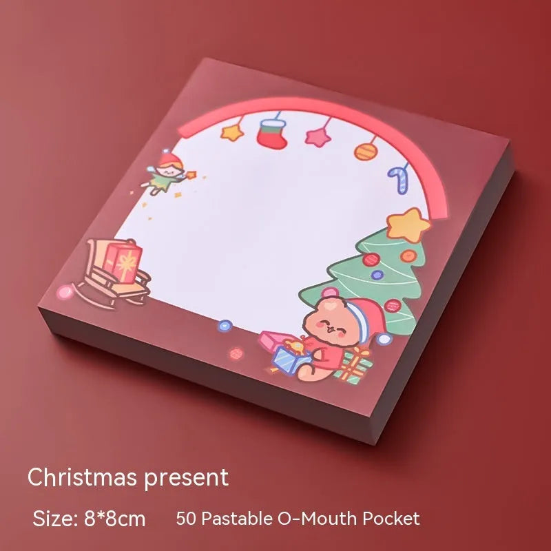Christmas cartoon sticky notes set with Santa Claus, Elf, Snowman, Gift, Sled, House, Crystal Ball, and Christmas Bear designs