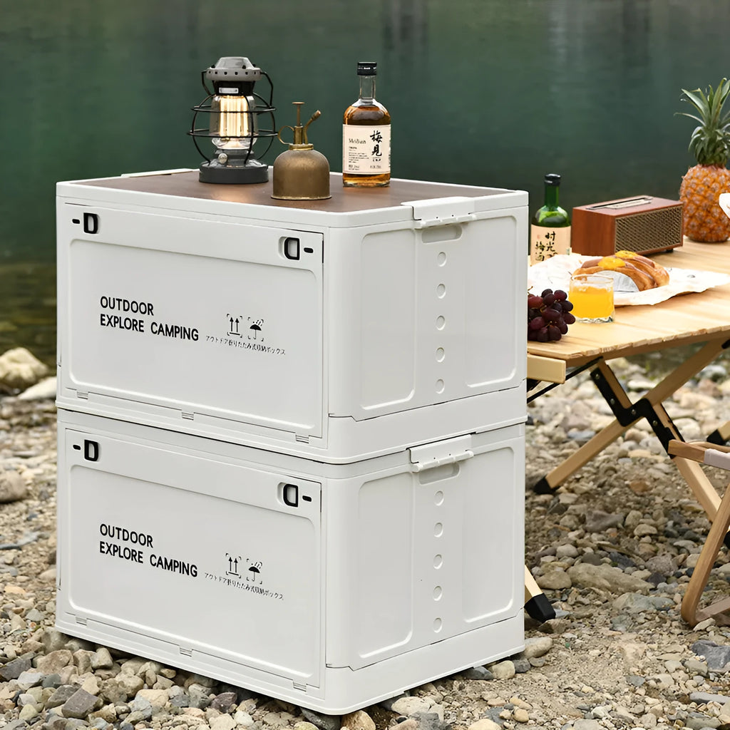 Large white foldable plastic storage box with wooden lid showing 45L capacity for household organisation