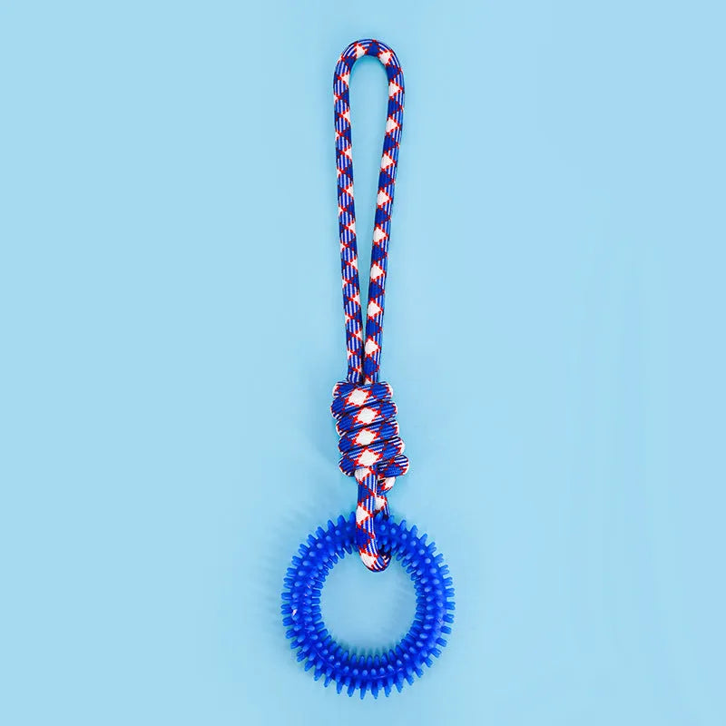 Blue braided rope pet toy with puppy knot design for biting and chewing