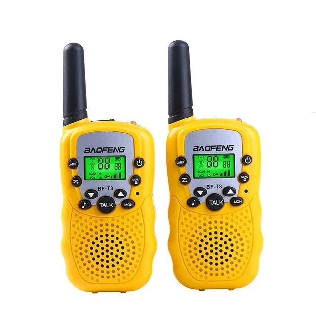 Child holding colourful walkie talkie with antenna extended, showing 22-channel display