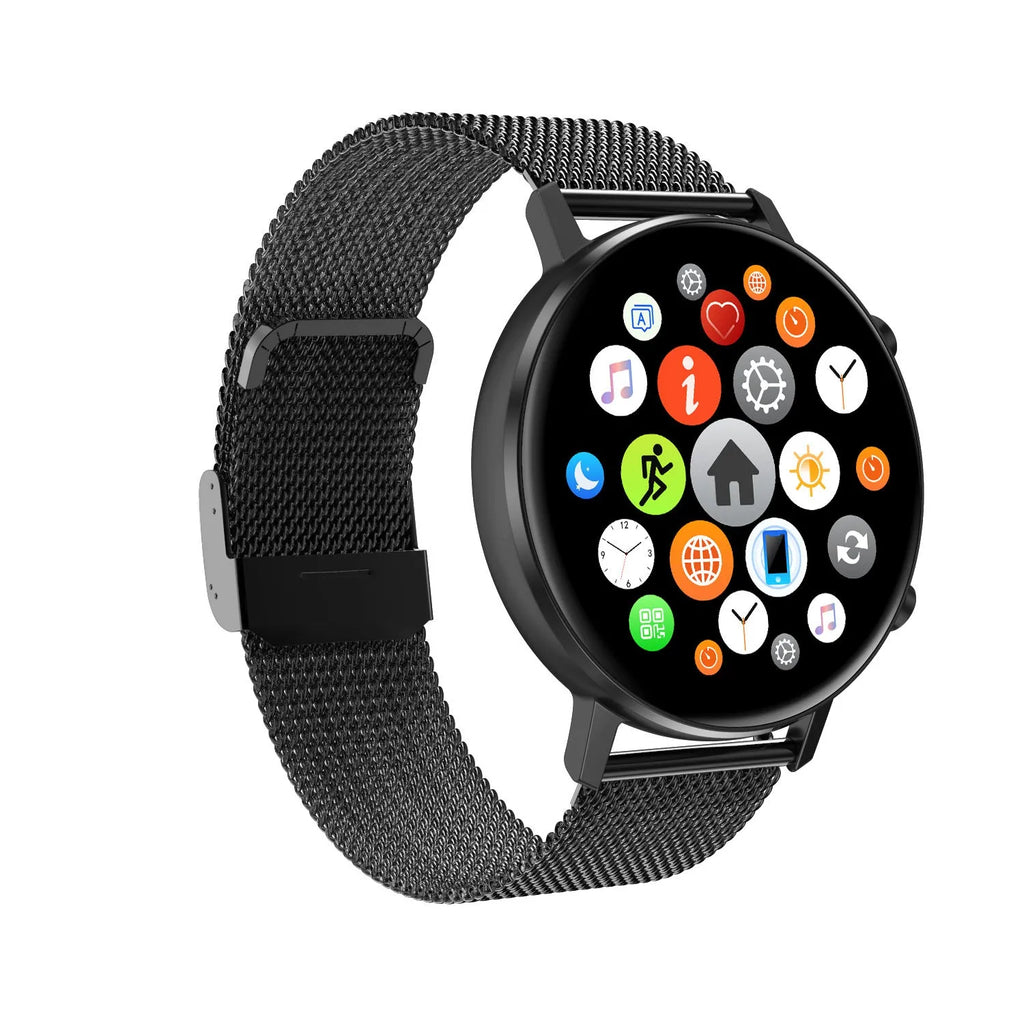 DT96 smart bracelet with rectangular touchscreen display and stainless steel wrist strap