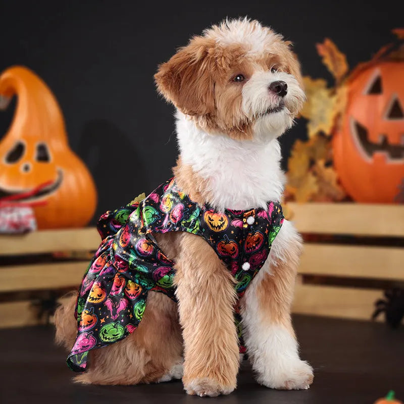Orange or black angel wings Halloween costume for a dog, made from polyester.